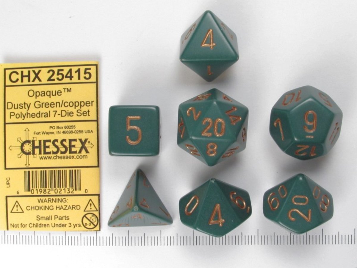 Chessex dobbelstenen set, 7 polydice, Opaque dusty green w/copper