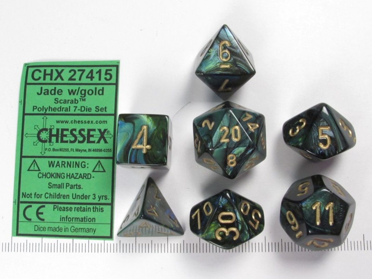 Chessex dobbelstenen set, 7 polydice, Scarab Jade w/gold