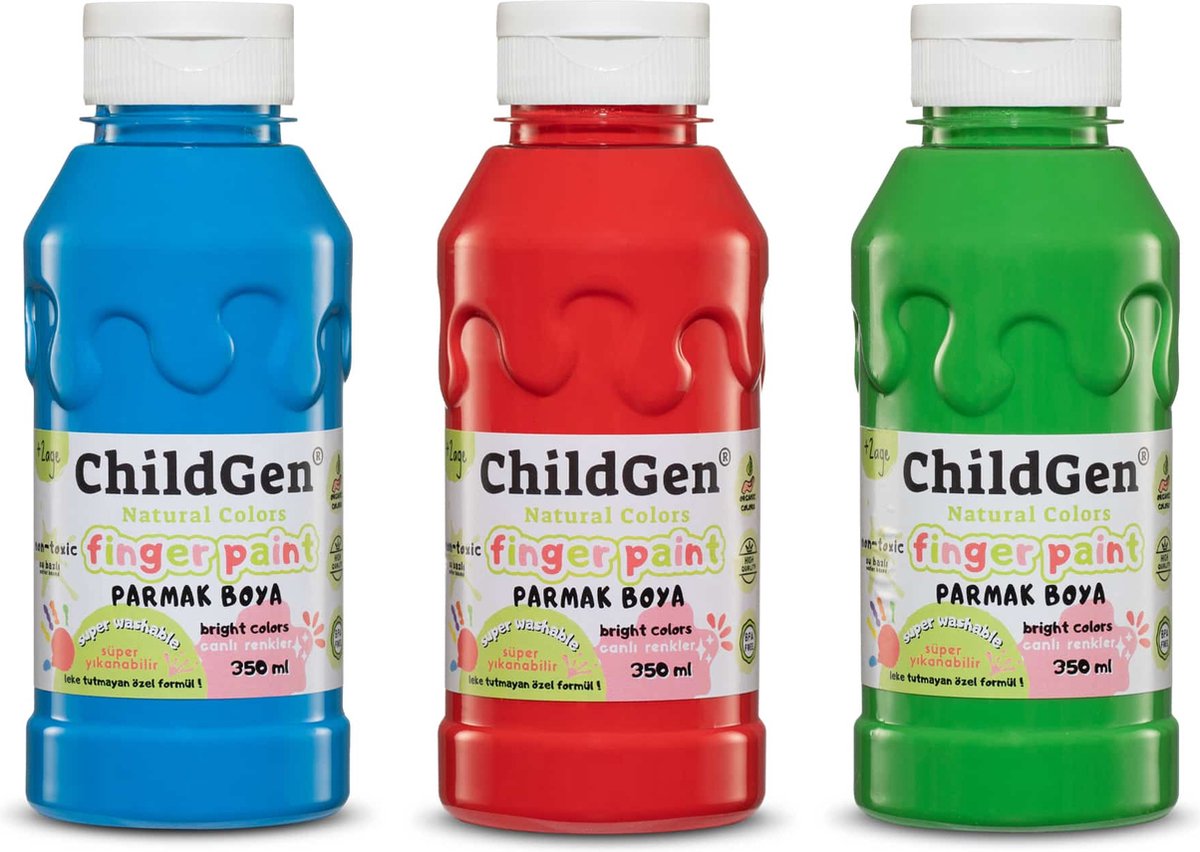 ChildGen vingerverf - 100% natuurlijk en niet giftig - blauw/rood/groen - makkelijk uitwasbaar (3x 350 ml)