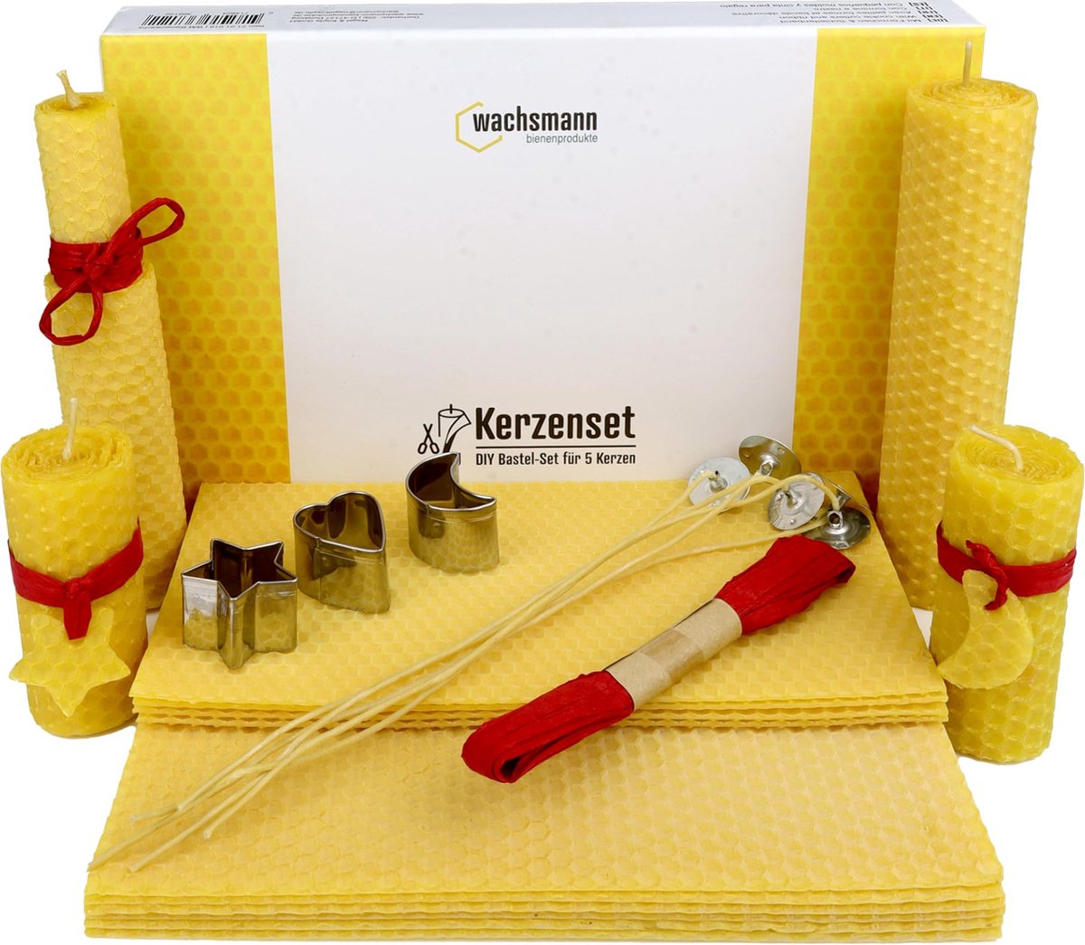 Waxmann Bijenwaskaarsen zelf maken, 100% pure bijenwas uit Duitsland, doe-het-zelf-knutselset voor 5 kaarsen van bijenwas platen, met decoratieve band en uitsteekvormen