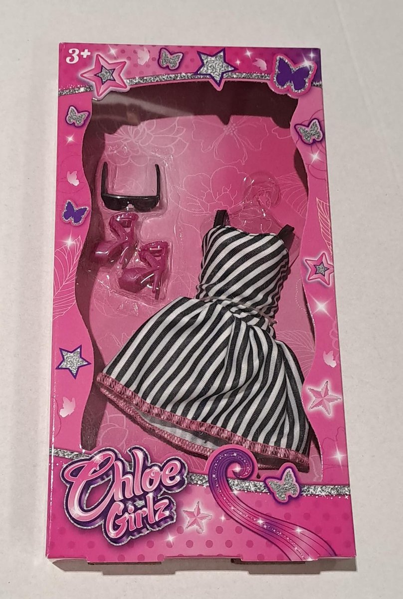 Chloe Girlz Poppenkleding Zwart/wit Gestreept Jurkje