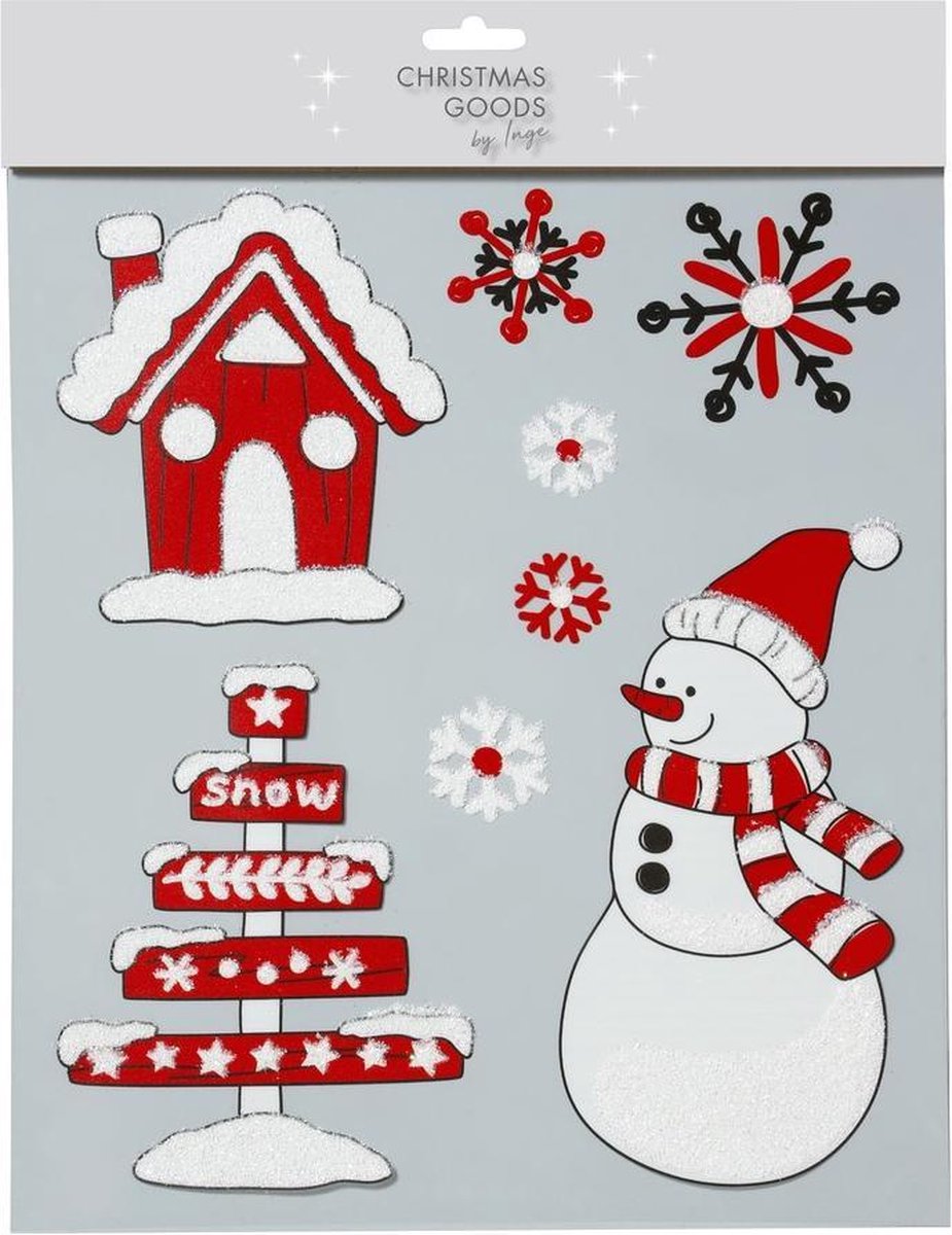 1x stuks velletjes raamstickers sneeuwversiering rood/wit 34,5 cm - Raamversiering/raamdecoratie stickers kerstversiering