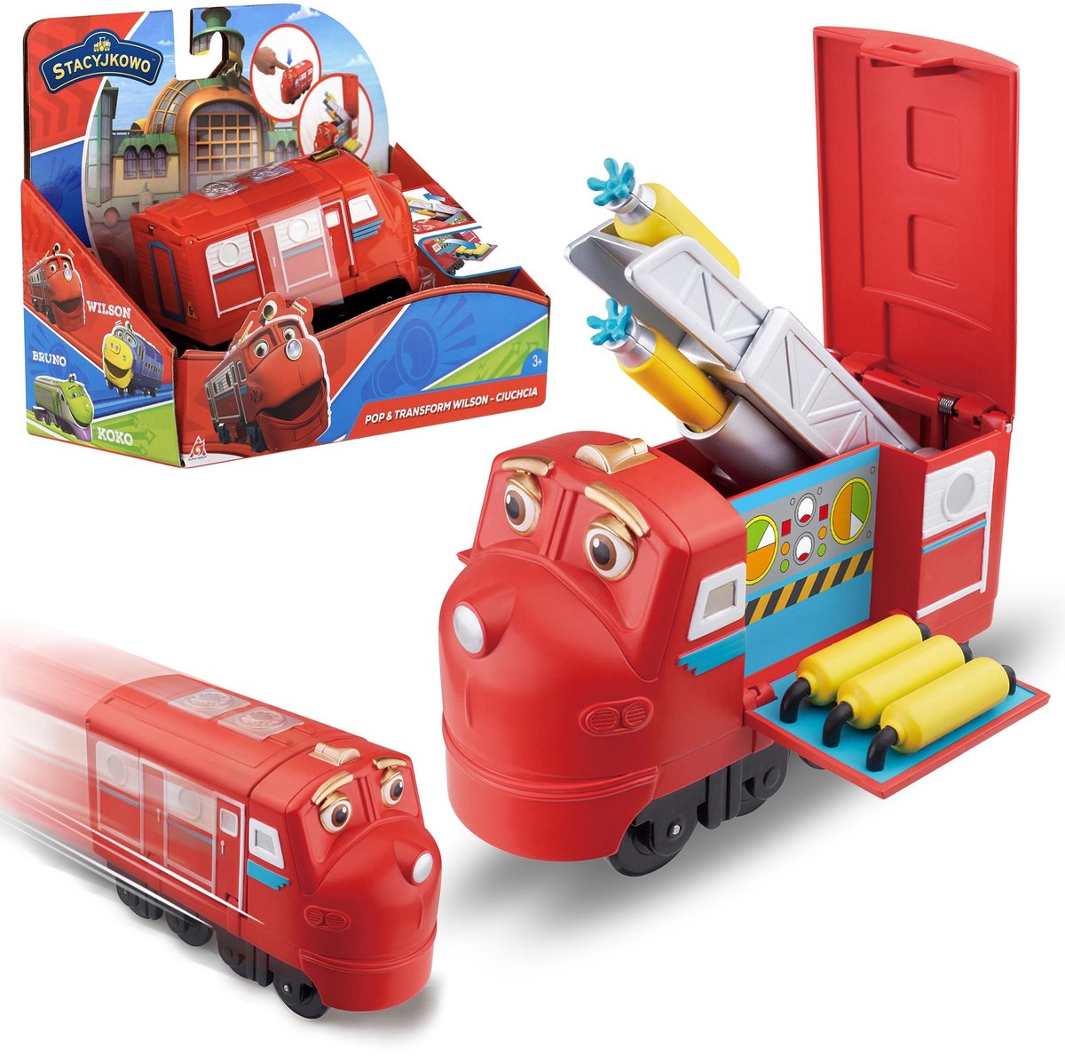 Chuggington Wilson locomotief, brandweerwagen transformatiefunctie, brandweer speelgoed voor kinderen 3+