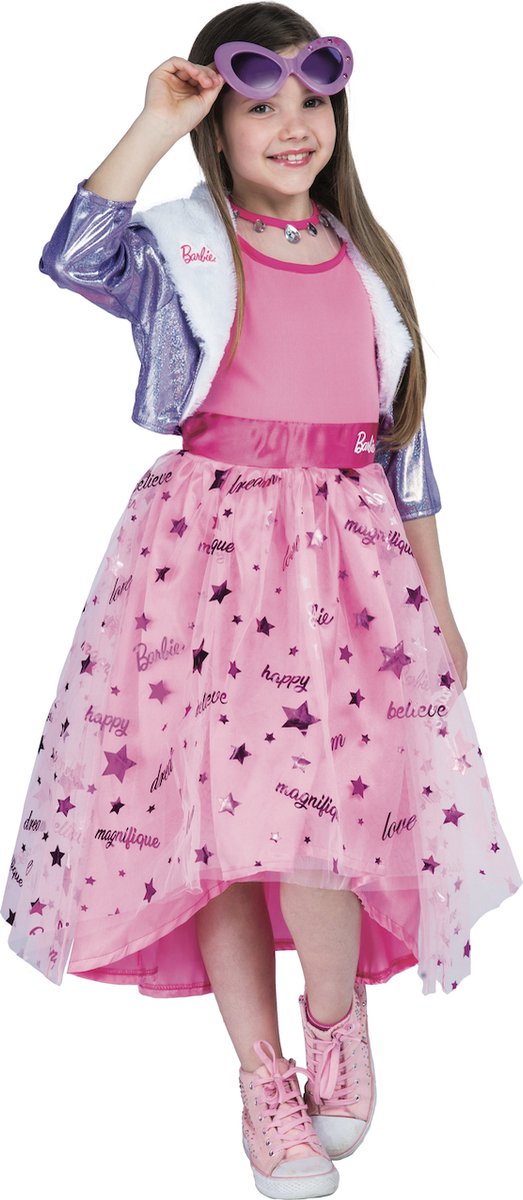 Ciao s.r.l Barbie Adventure Kostuum voor Meisjes Prinses Barbie Verkleedpak Verkleedkleding voor Kinderen Carnavalskleding - Officiële licentie - Polyester - Roze/Paars - 4-Delig Jurk/Jas/Bril/Ketting - Maat 8-10 Jaar