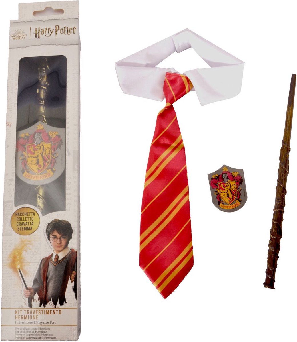Ciao s.r.l Hermelien Toverstaf Harry Potter Hermione Granger Toverstaf Verkleedaccessoires Kind en Volwassenen Tovenaarsset - Officiële licentie - 3-Delig Toverstaf/Kraag met Stropdas/Badge - One Size
