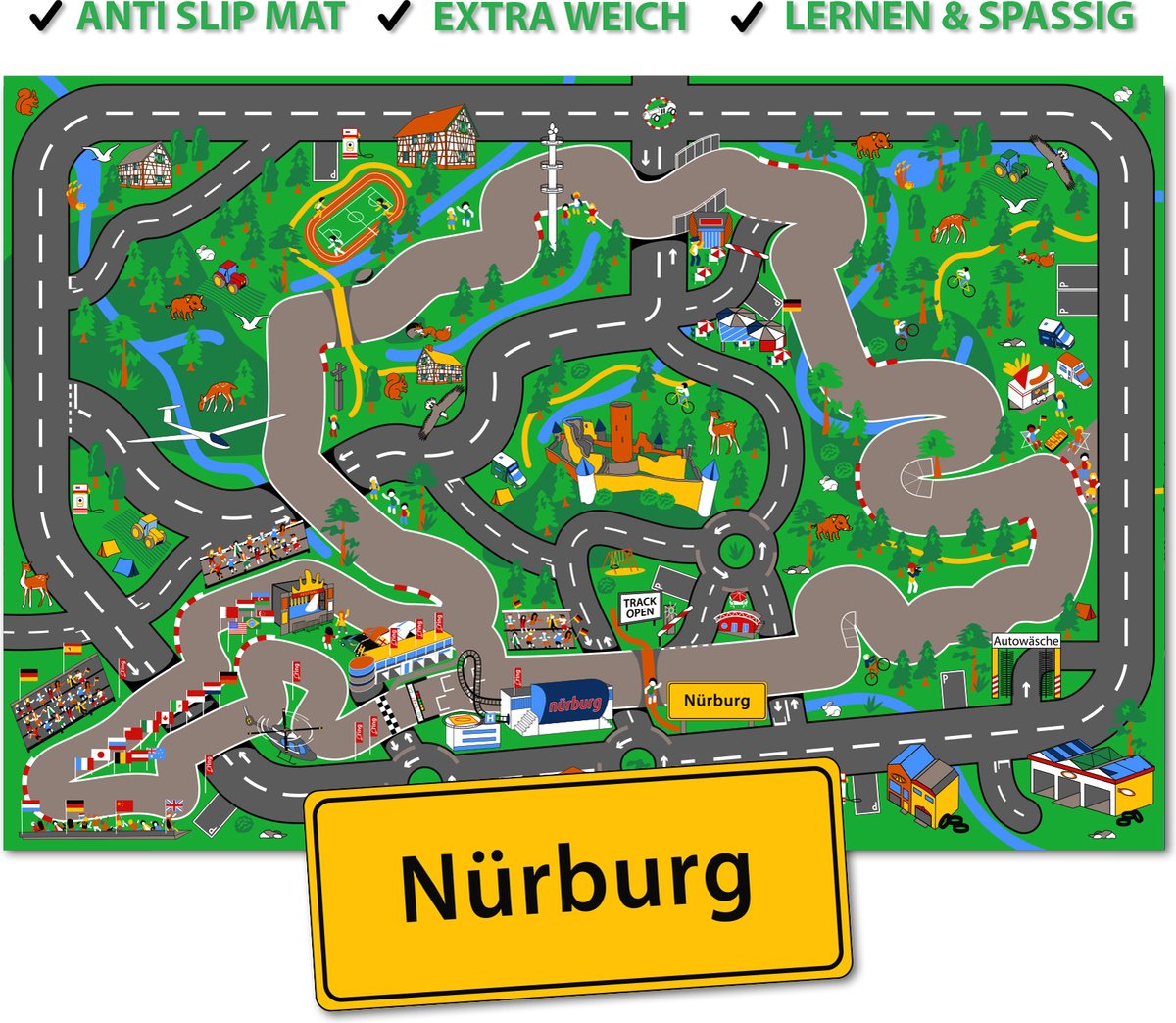 Auto Speelkleed Circuit Nürburgring - Wasbaar Vloerkleed 100 x 150 cm - Anti Slip - Speelmat voor Baby en Kinderkamer, Woonkamer en voor Binnen & Buiten