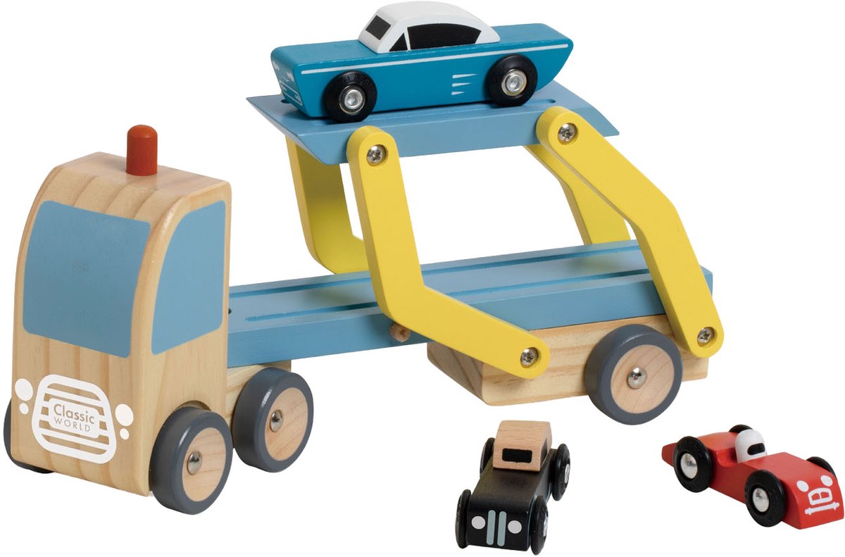 Classic World houten speelgoed transporter met 3 autos - FSC houten vrachtwagen.