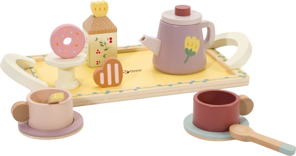 Classic World houten theeset Grace met dienblad - speelgoed theeservies 14-delig.