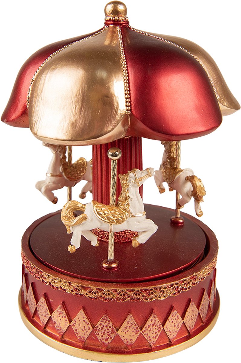 Clayre & Eef Muziekdoos Draaimolen 16 cm Rood Kunststof Kerstdecoratie Beeld Decoratief Figuur Decoratieve Accessoires