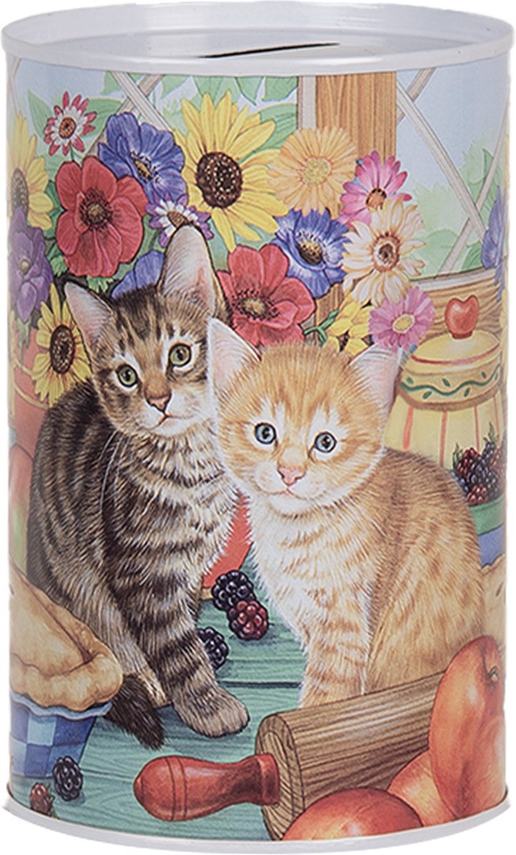 Clayre & Eef Spaarpot Ø 8x13 cm Blauw Metaal Kat