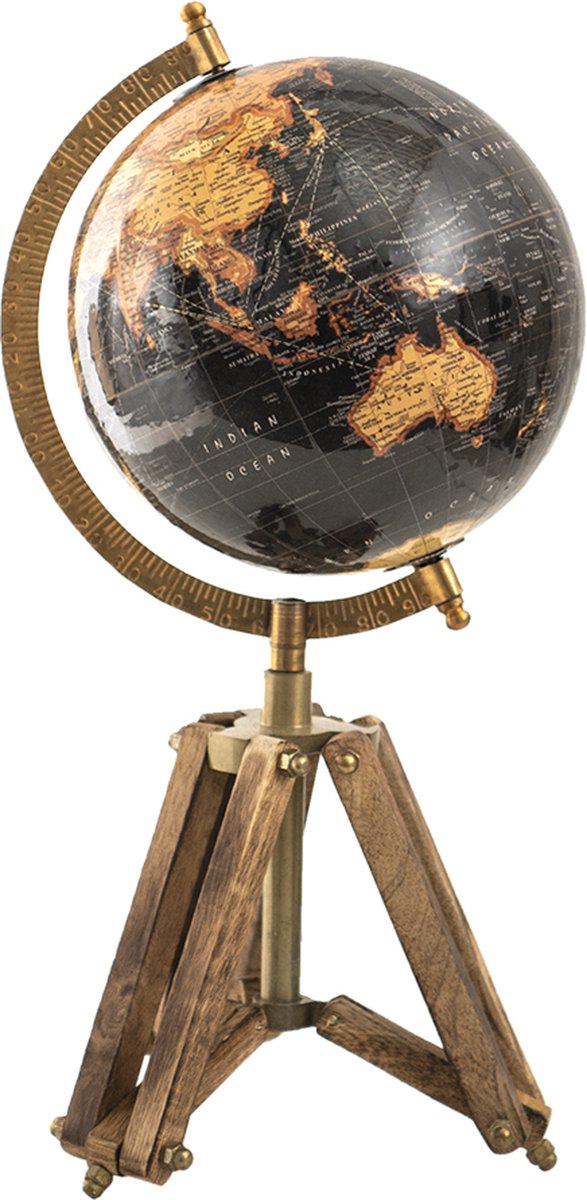Clayre & Eef Wereldbol Decoratie 18*16*26 cm Zwart, Beige, Bruin Hout, Ijzer De Wereld Globe Aardbol
