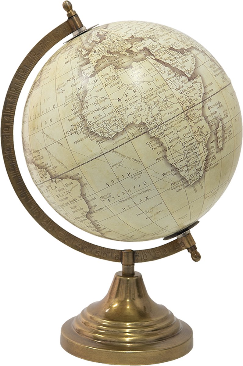 Clayre & Eef Wereldbol Decoratie 22*22*33 cm Beige, Bruin Hout, Ijzer De Wereld Globe Aardbol