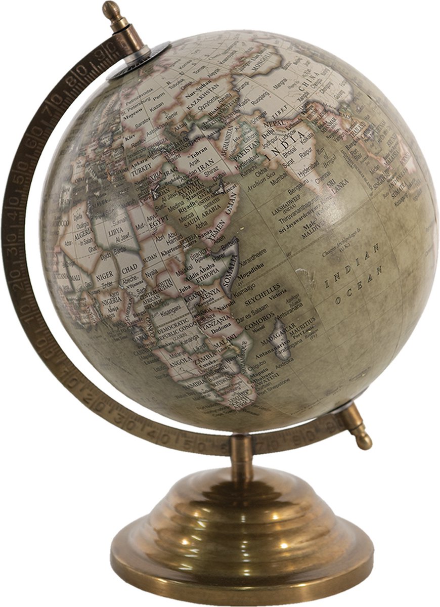 Clayre & Eef Wereldbol Decoratie 22*22*33 cm Groen, Bruin, Beige Hout, Ijzer De Wereld Globe Aardbol