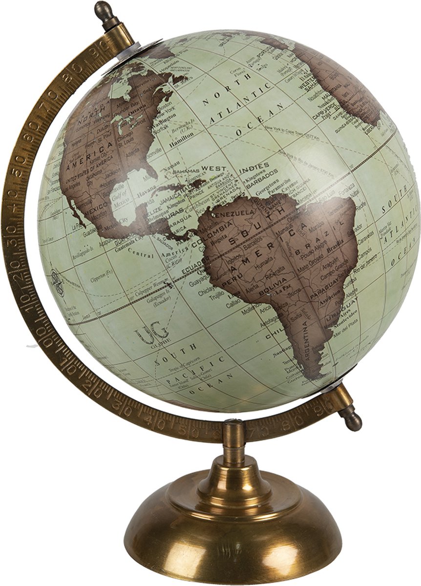 Clayre & Eef Wereldbol Decoratie 22*22*33 cm Koperkleurig, Bruin Hout, Ijzer Rond Globe Aardbol