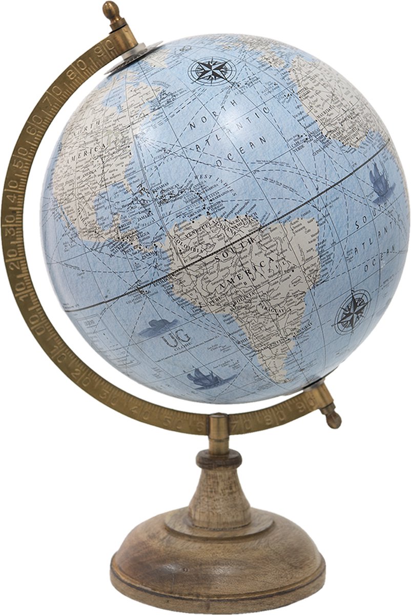 Clayre & Eef Wereldbol Decoratie 22*22*37 cm Blauw, Beige Hout, Ijzer De Wereld Globe Aardbol