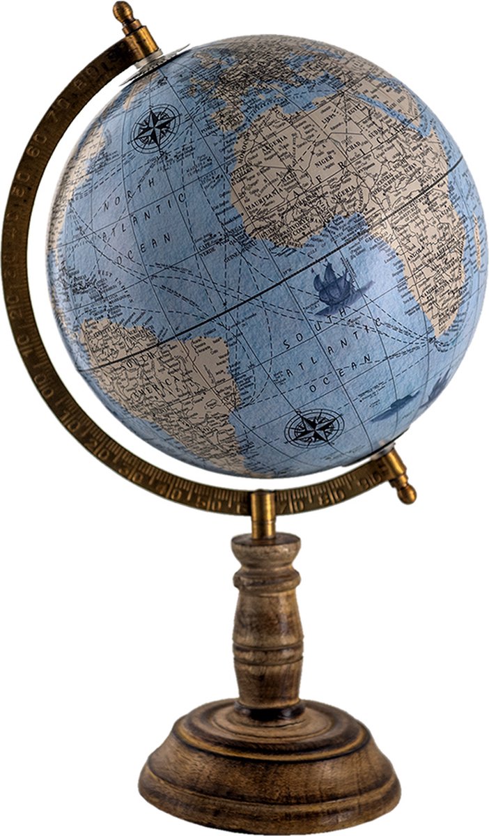 Clayre & Eef Wereldbol Decoratie 22*22*37 cm Blauw, Grijs, Beige Hout, Ijzer Rond Globe Aardbol