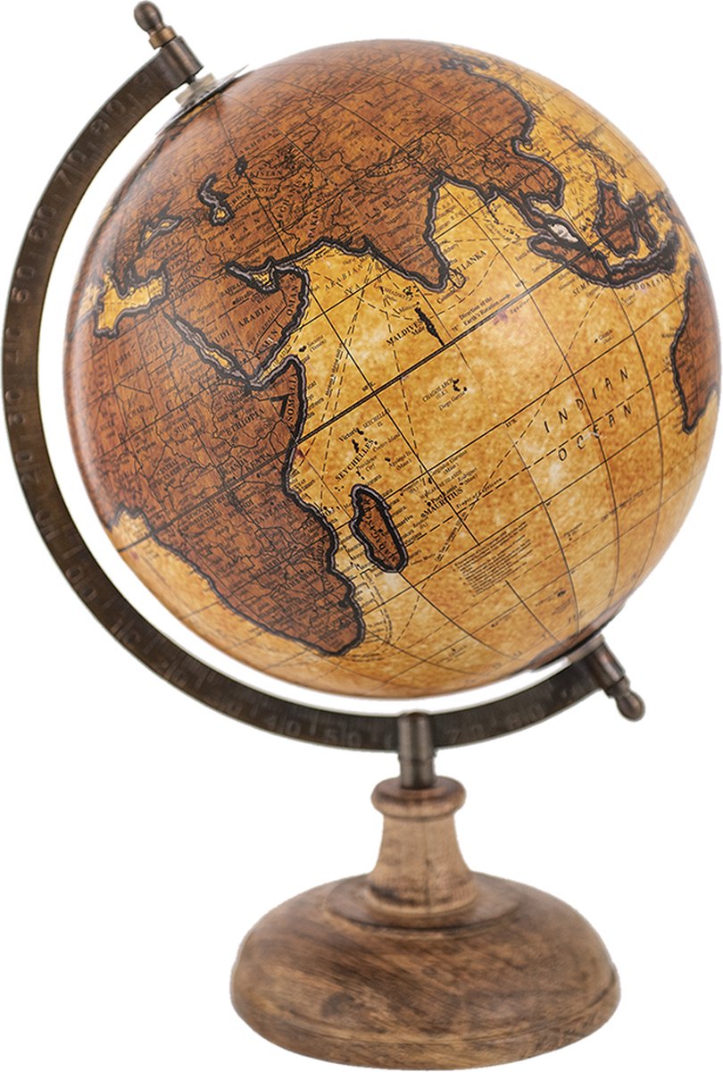 Clayre & Eef Wereldbol Decoratie 22*22*37 cm Bruin, Beige Hout, Metaal De Wereld Globe Aardbol