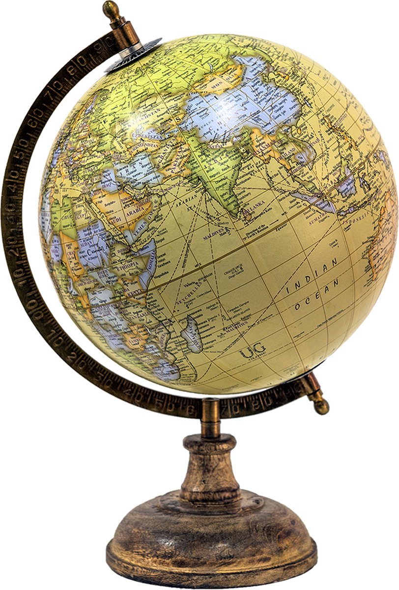 Clayre & Eef Wereldbol Decoratie 22*22*37 cm Geel, Oranje, Groen Hout, Ijzer Rond Globe Aardbol