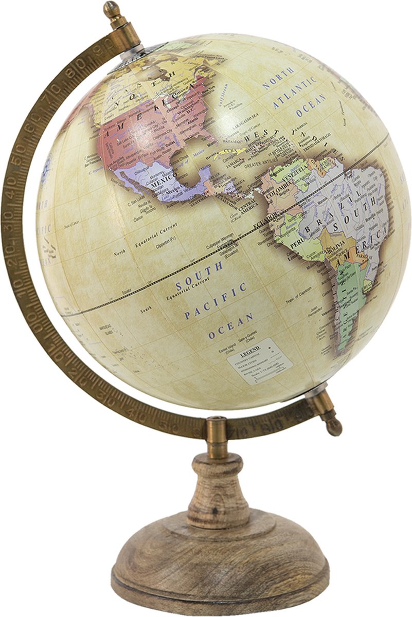 Clayre & Eef Wereldbol Decoratie 22*22*37 cm Geel Hout, Ijzer Rond Globe Aardbol