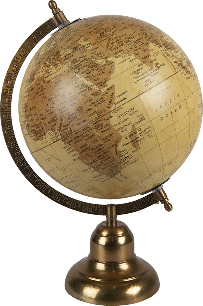 Clayre & Eef Wereldbol Decoratie 22*22*37 cm Koperkleurig, Bruin Hout, Ijzer Rond Globe Aardbol