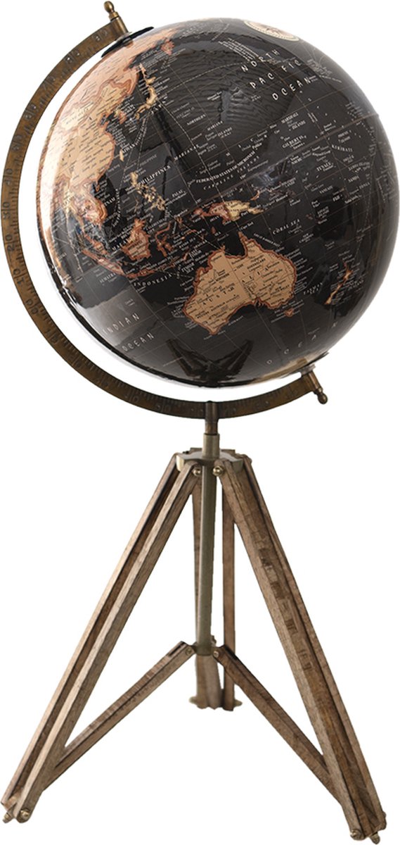 Clayre & Eef Wereldbol Decoratie 31*31*71 cm Zwart, Beige, Bruin Hout, Ijzer De Wereld Globe Aardbol