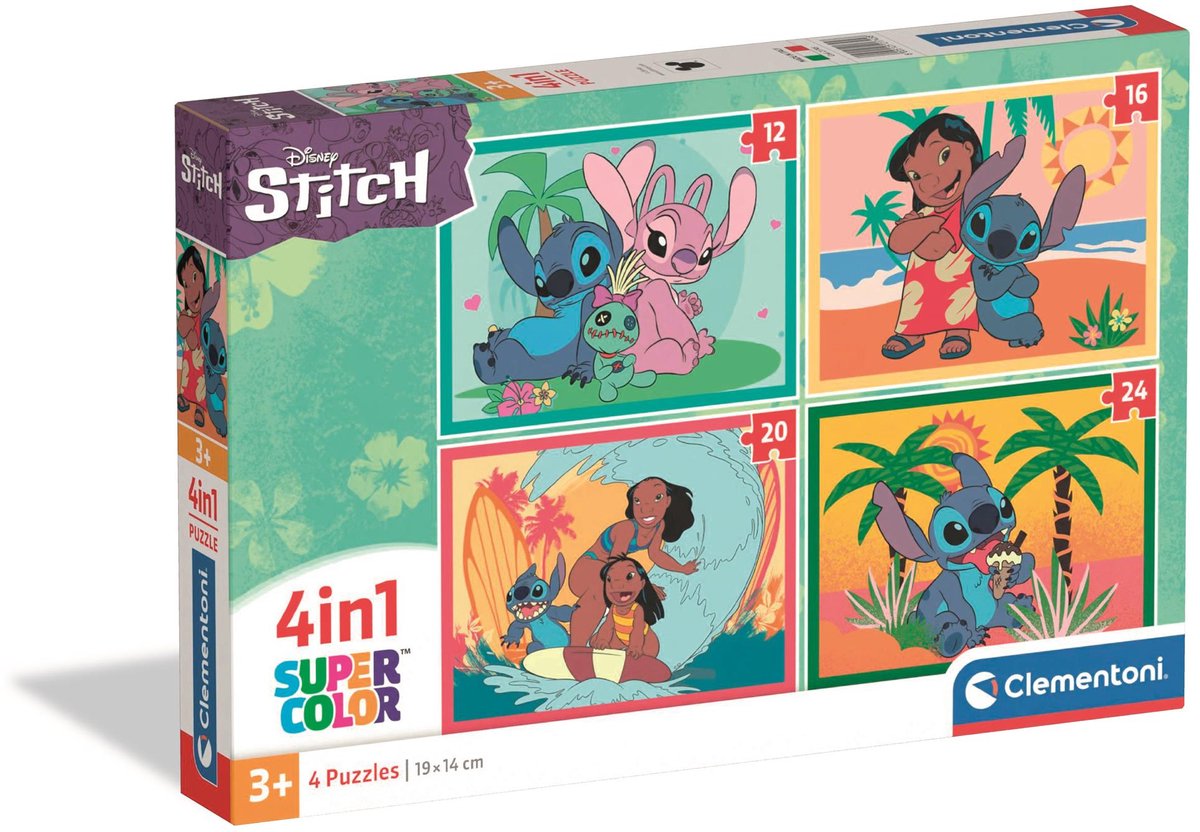 Clementoni - Kinderpuzzel 4 in 1 - Stitch - 12, 16, 20 en 24 Stukjes - Puzzel Voor Kinderen - Vanaf 3 Jaar