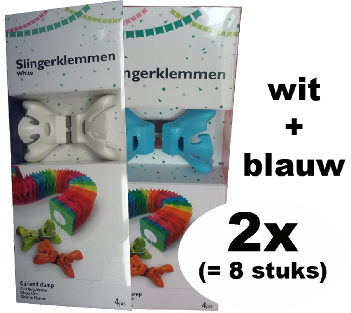 Slingerklemmen Clenchy wit + blauw (ttl. 2 setjes = 8 stuks)