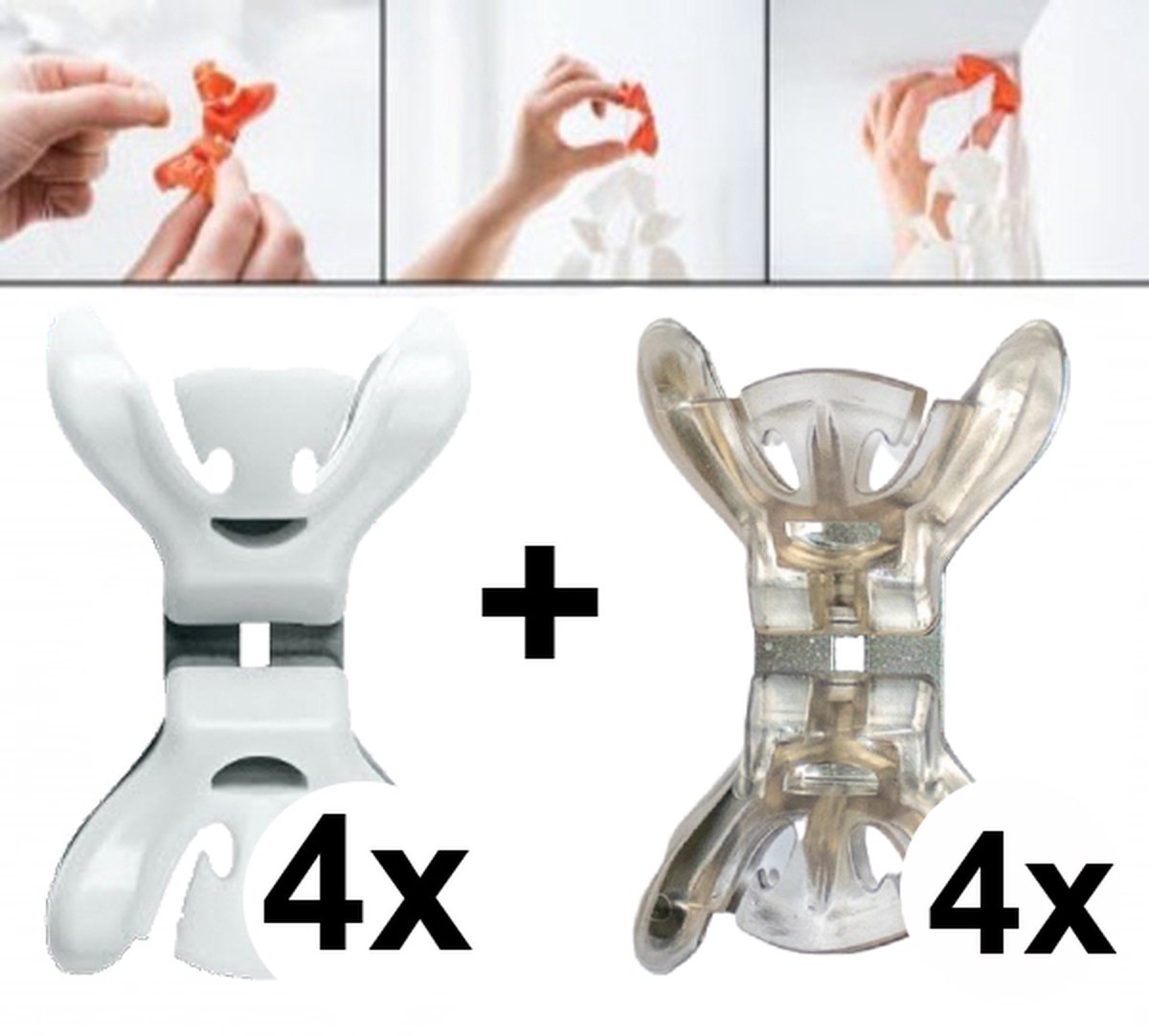 Slingerklemmen Clenchy wit + transparant, 4 stuks elk