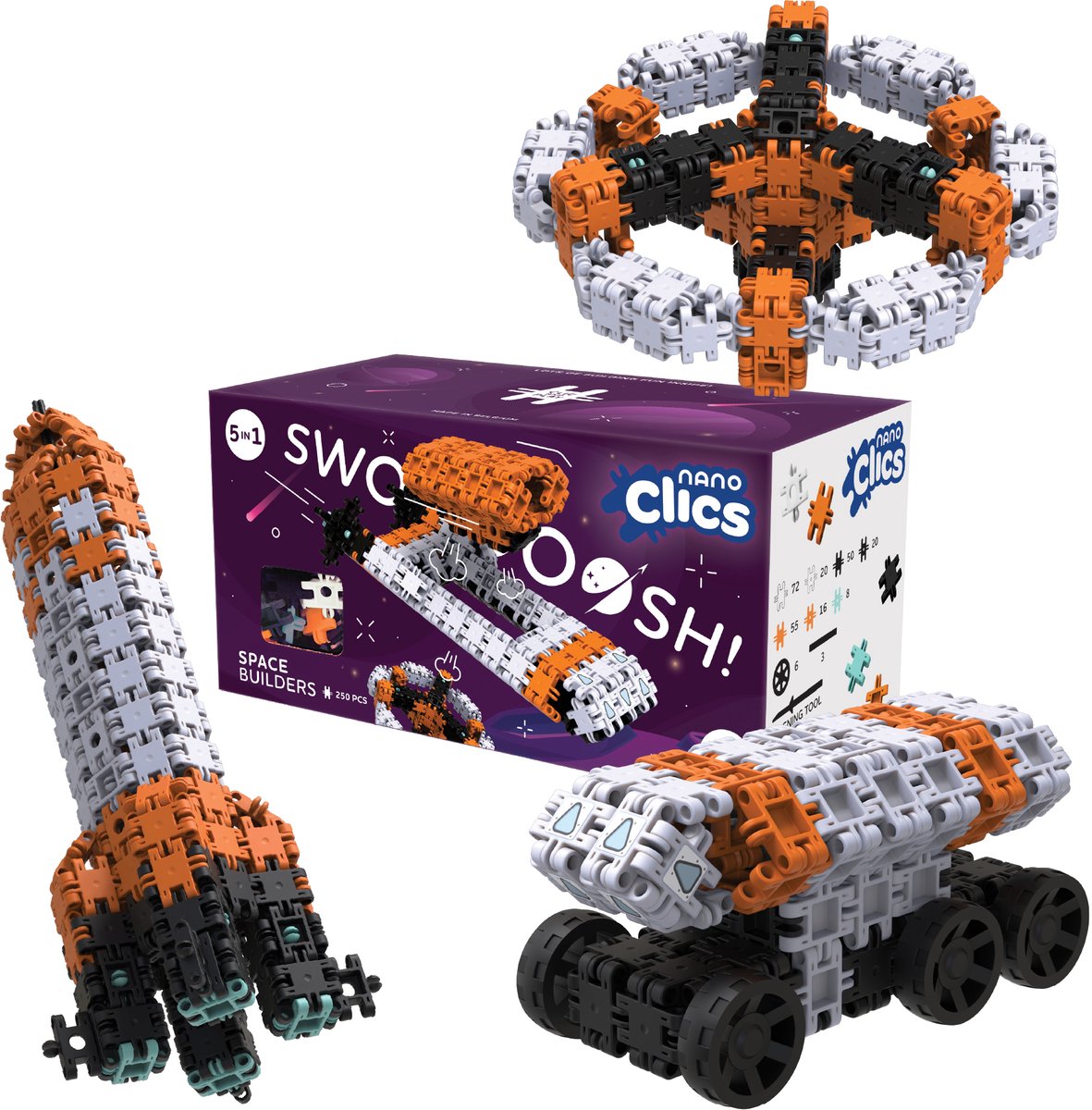 Nano Clics – Space Builders 250 Piece Set – 5 in 1 Bouwblokken – SPEELGOED Gemaakt Van 100% RECYCLED Plastic – Speelgoed 8, 9, 10, 11, 12 jaar – Constructie Speelgoed