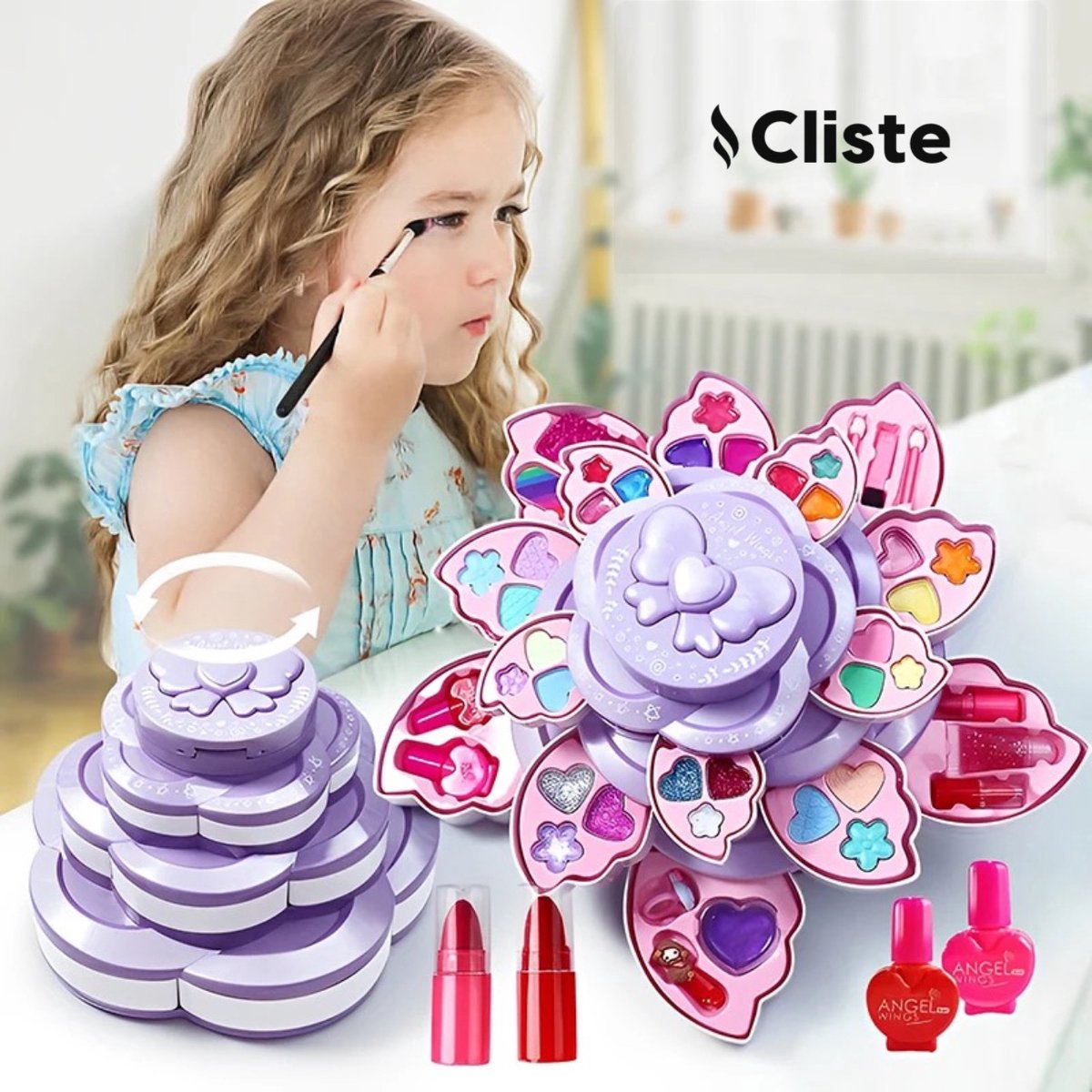 Cliste Kinder Make-up Set - Princess Flower Angel Wings Rotary 3-laags make-updoos ( 36 pcs ) - Wasbare Oogschaduw Blush Make up Setje - Kinder make up Speelgoed