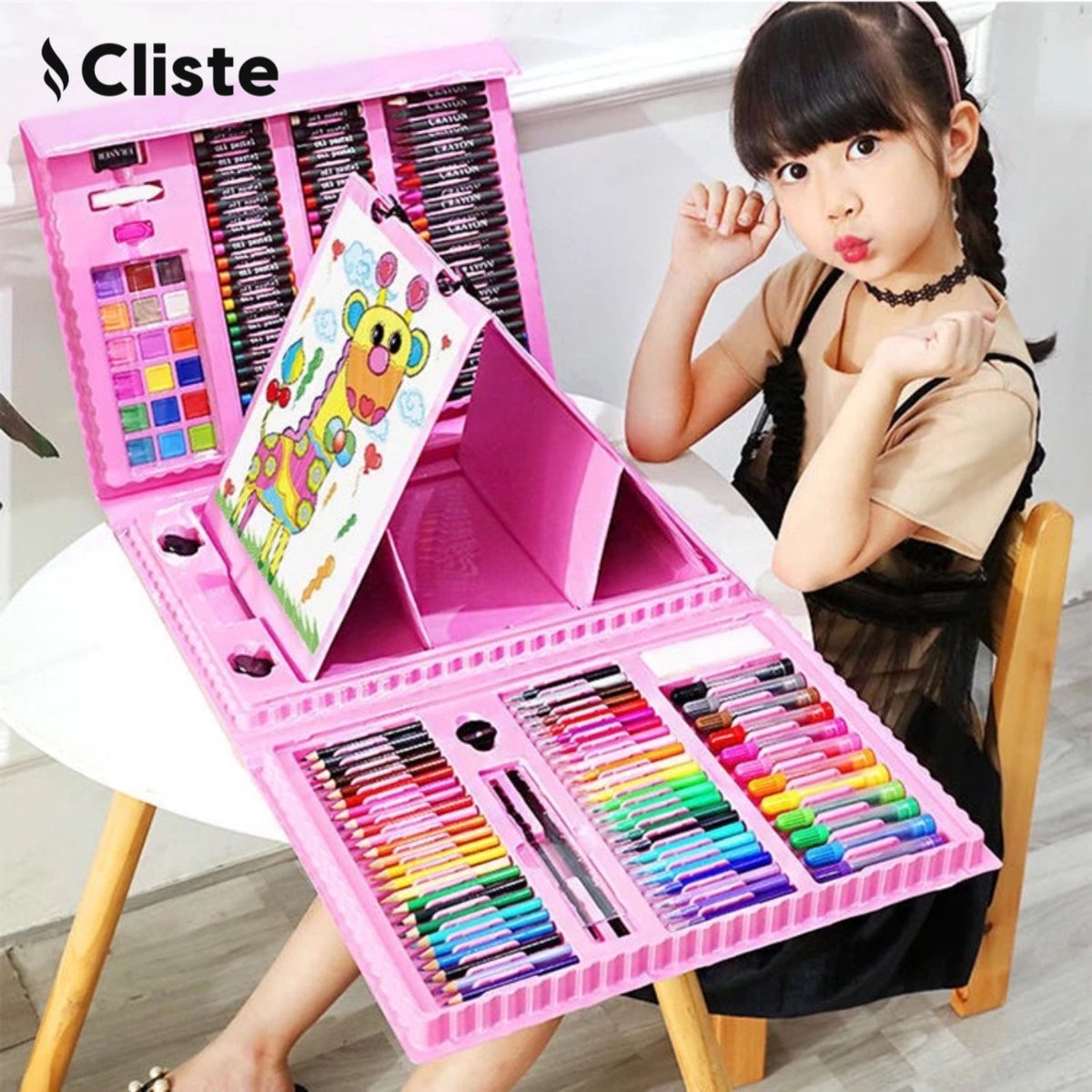 Cliste Tekendoos - 208-delig - Art Set - Creativiteitsdoos voor kinderen - Tekenset - Kleuren - Schminken - tekenen - Knutselen - Grafix - Schilderen - Kinderen