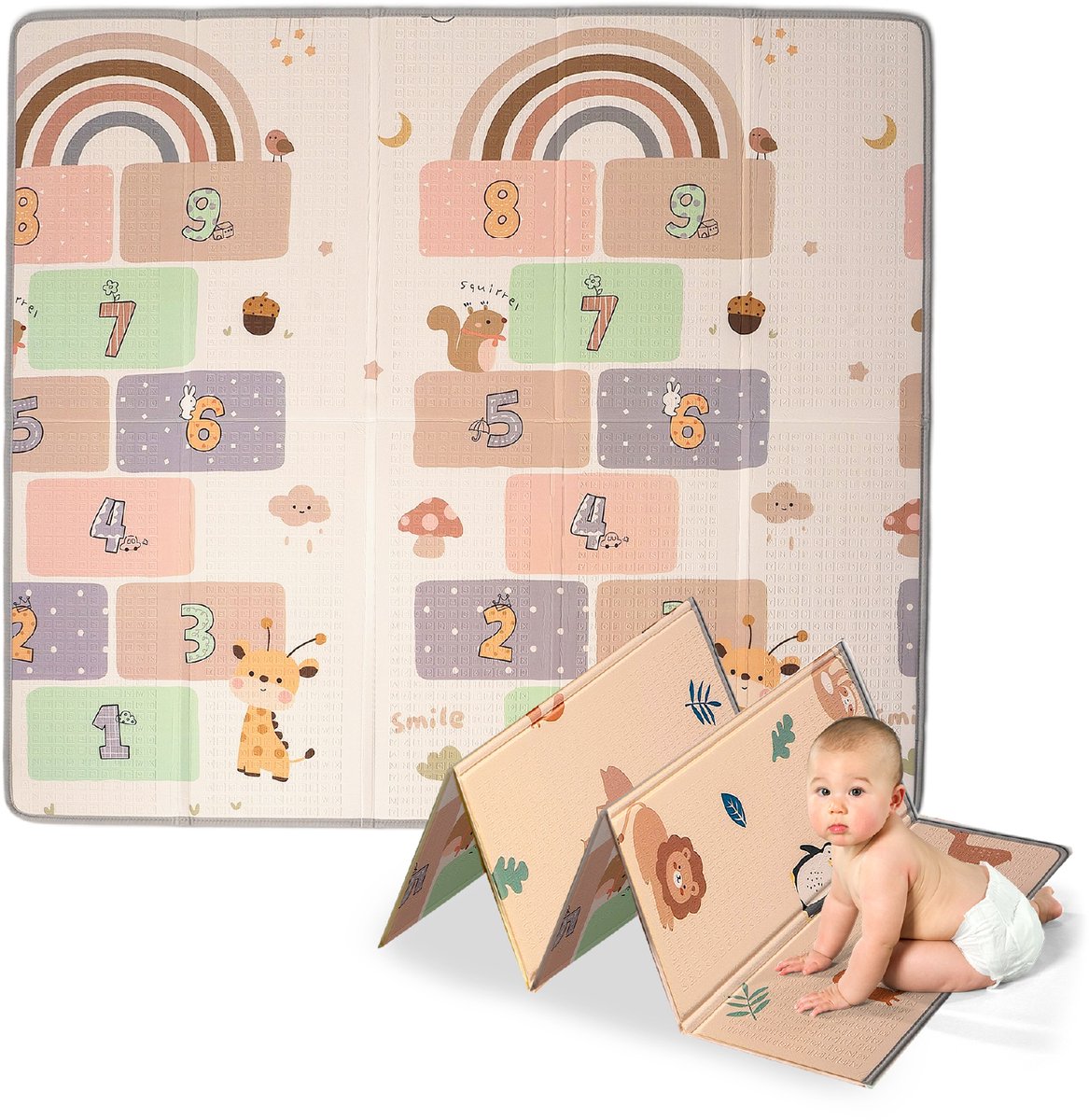 Coco&co Speelmat foam Baby - Opvouwbaar - Speelkleed baby - Speelkleed - Dubbelzijdig - 180x200 cm - Inclusief opbergtas - Jungle en Regenboog print