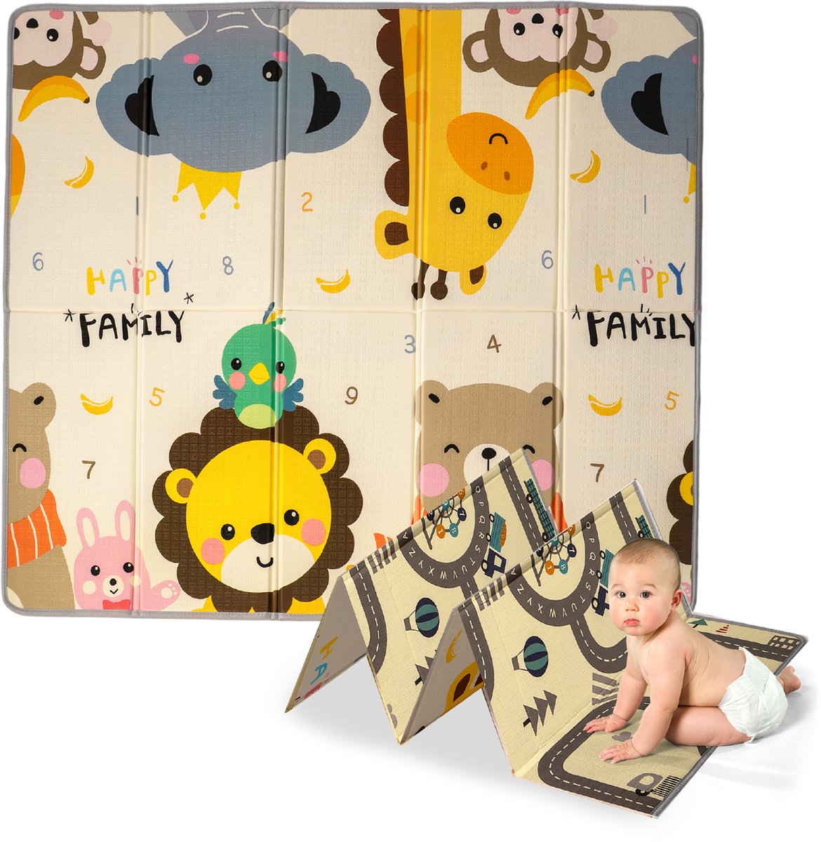 Coco&co Speelmat foam Baby - Opvouwbaar - Speelkleed baby - Speelkleed - Dubbelzijdig - 200x180 cm - Inclusief opbergtas - Happy Family
