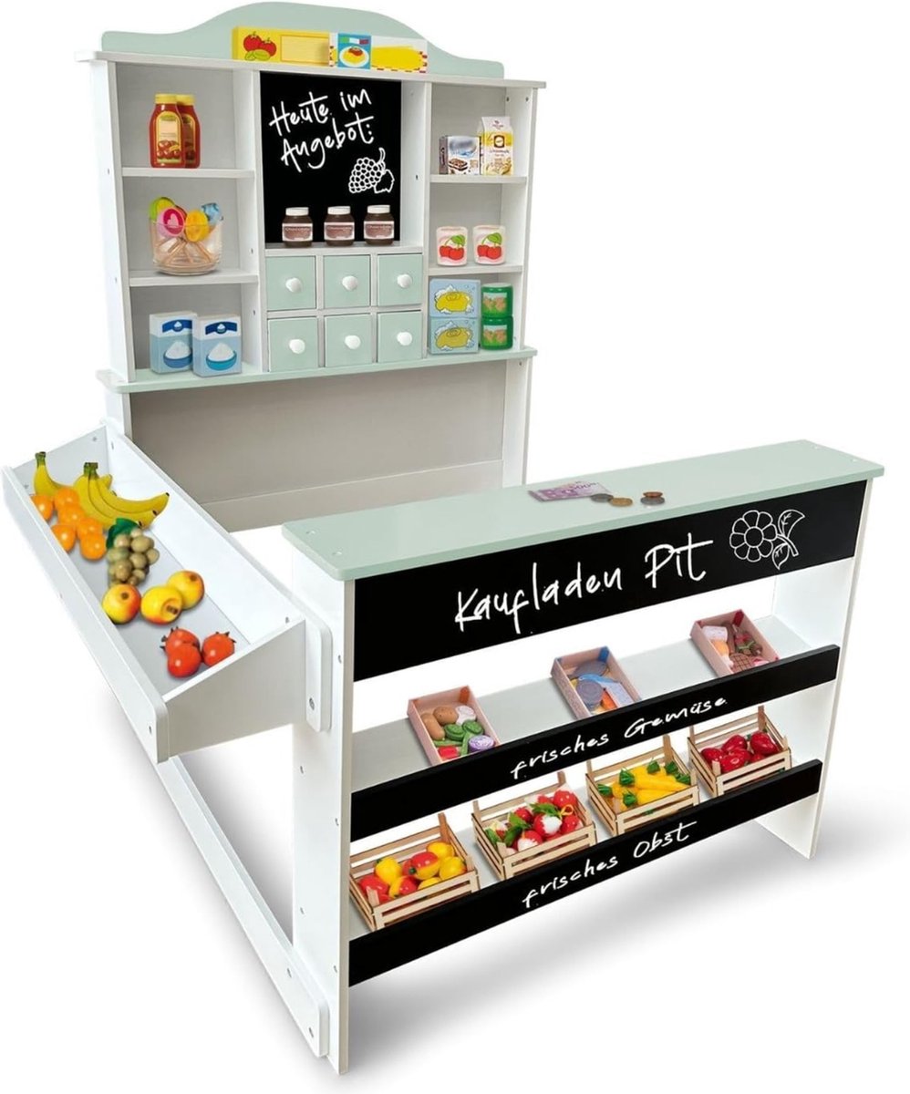   Kaufladen Pit - Houten Speelwinkel met Theke, Kreidetafeln en Schuiflades, Geschikt voor Kinderen vanaf 3 Jaar