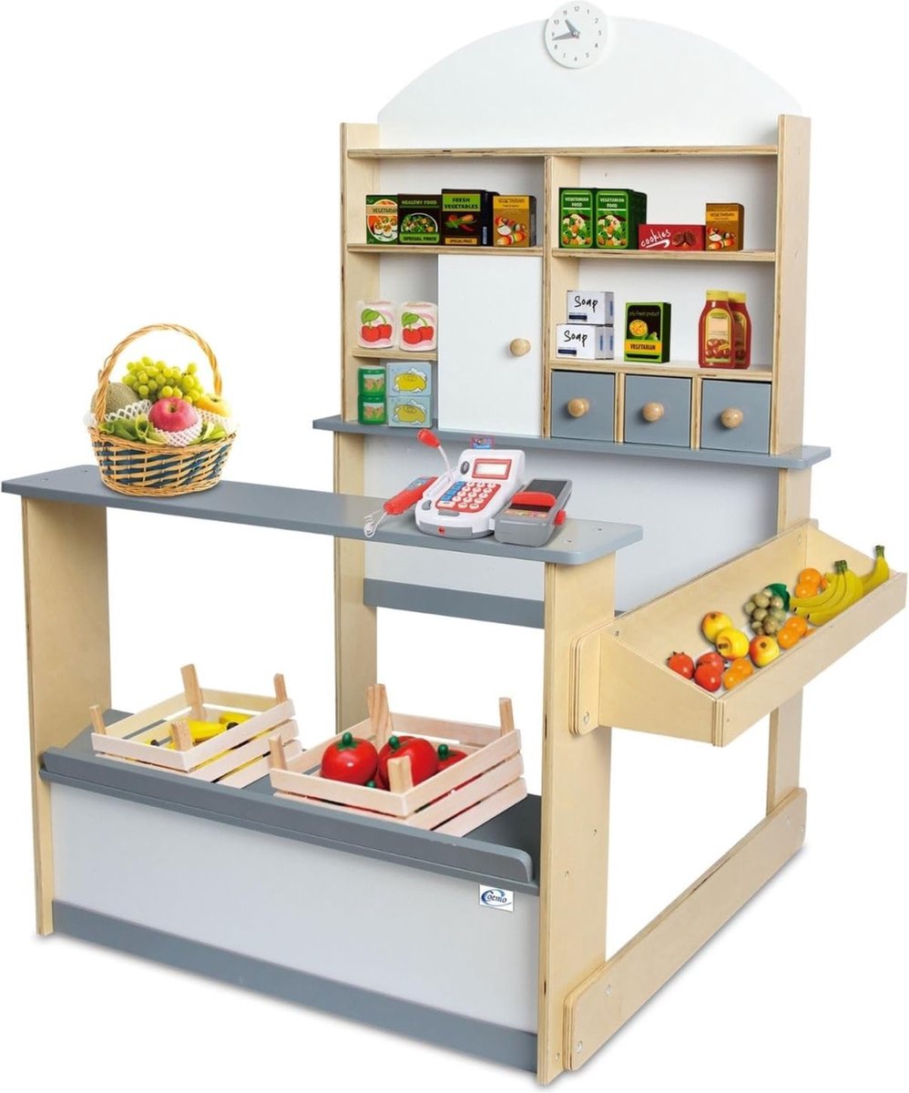   Lilly Speelgoedwinkel - Kindvriendelijke Houten Speelwinkel met Verkooptoonbank, Laden, Planken en Compleet Doe-Het-Zelf-Pakket voor Creatief Rollenspel (Grijs)