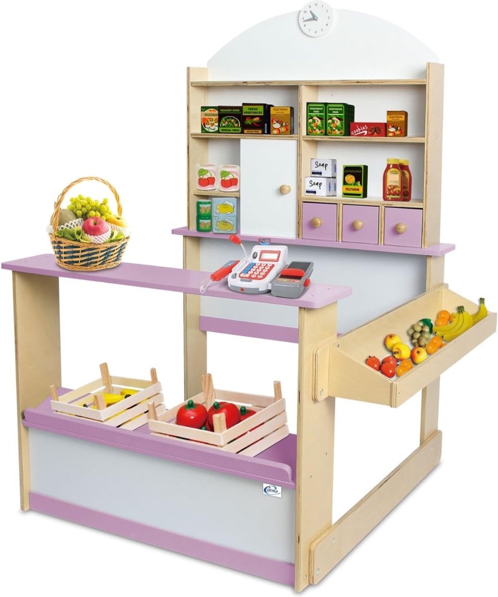   Lilly Speelgoedwinkel - Kindvriendelijke Houten Speelwinkel met Verkooptoonbank, Laden, Planken en Compleet Doe-Het-Zelf-Pakket voor Creatief Rollenspel (roze)