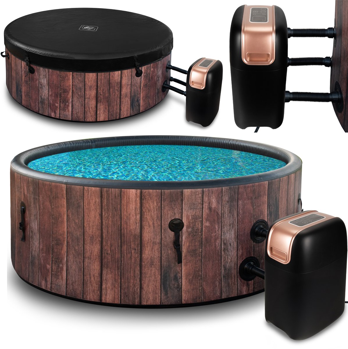 COIL Bains een remous, Tuin SPA, opblaasbare buiten-SPA - 6 personen, houtlook, duurzaam DWF-materiaal, snel opblaasbaar, wellness-hydromassage, Rustiek