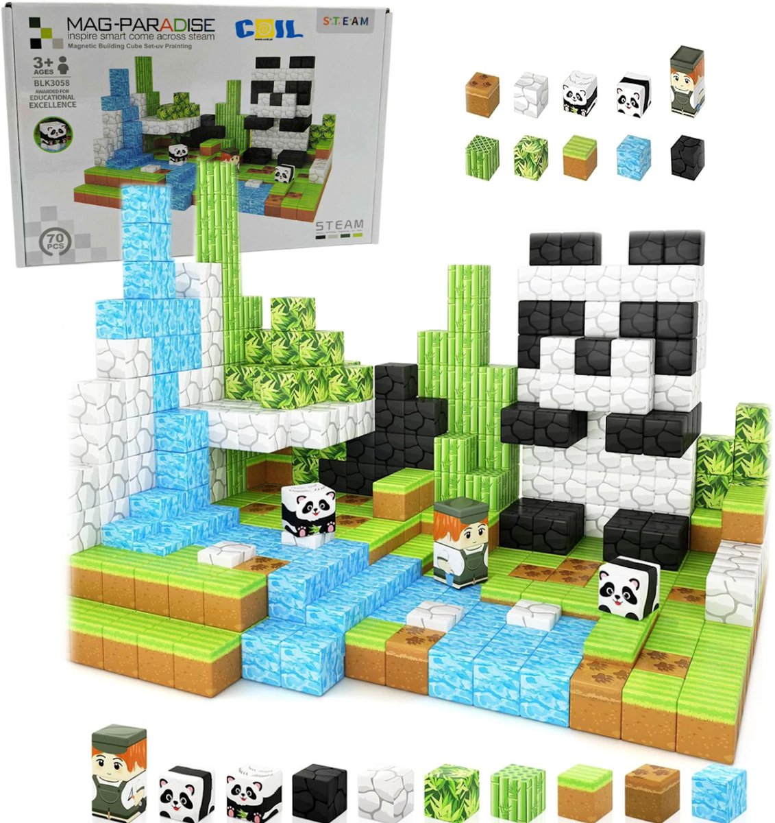 COIL Magnetische Bouwstenen, Kinderspeelgoed, Constructiesets, Magnetische Bouwstenen, Magnetische Stukken, STEM, Sensorisch Leren, Leeftijd 3+, Panda, 72 Stuks