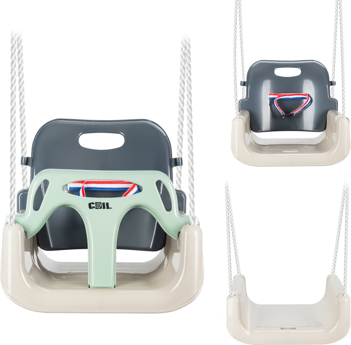 COIL kinder tuinemmer schommel sterk 3in1 + riemen, grijs en olijfgroen