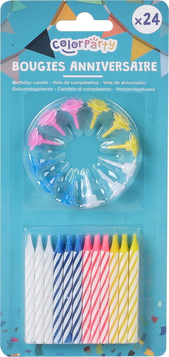 Colorparty Verjaardag taart kaarsjes - gekleurd - 24x - met houder