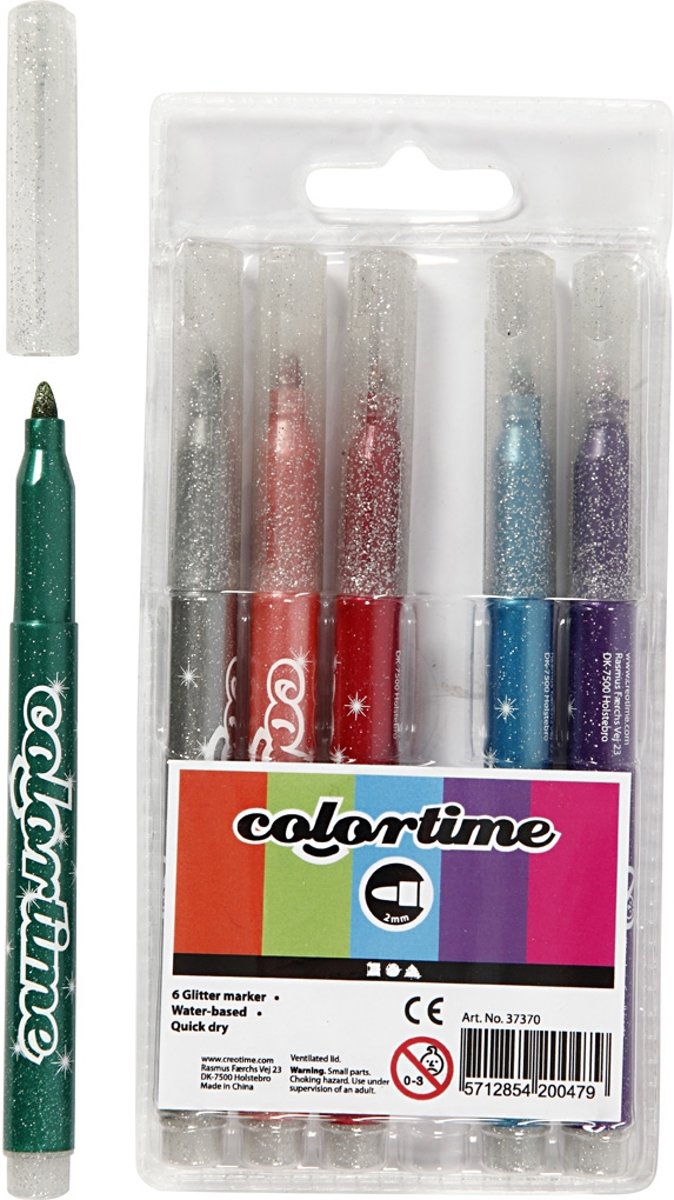 Colortime glitterstiften, lijndikte: 4,2 mm, 6 stuks, diverse kleuren