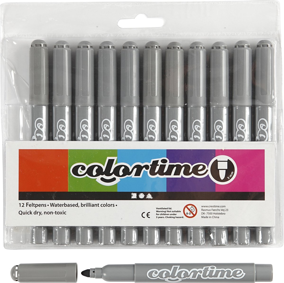 Colortime stift,  5 mm lijn, grijs, 12 stuks