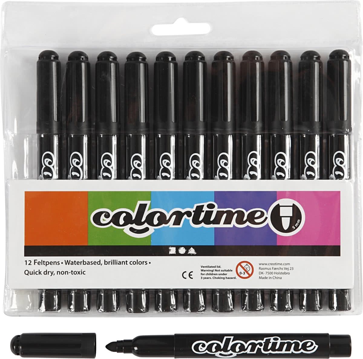 Colortime stift,  5 mm lijn, zwart, 12 stuks