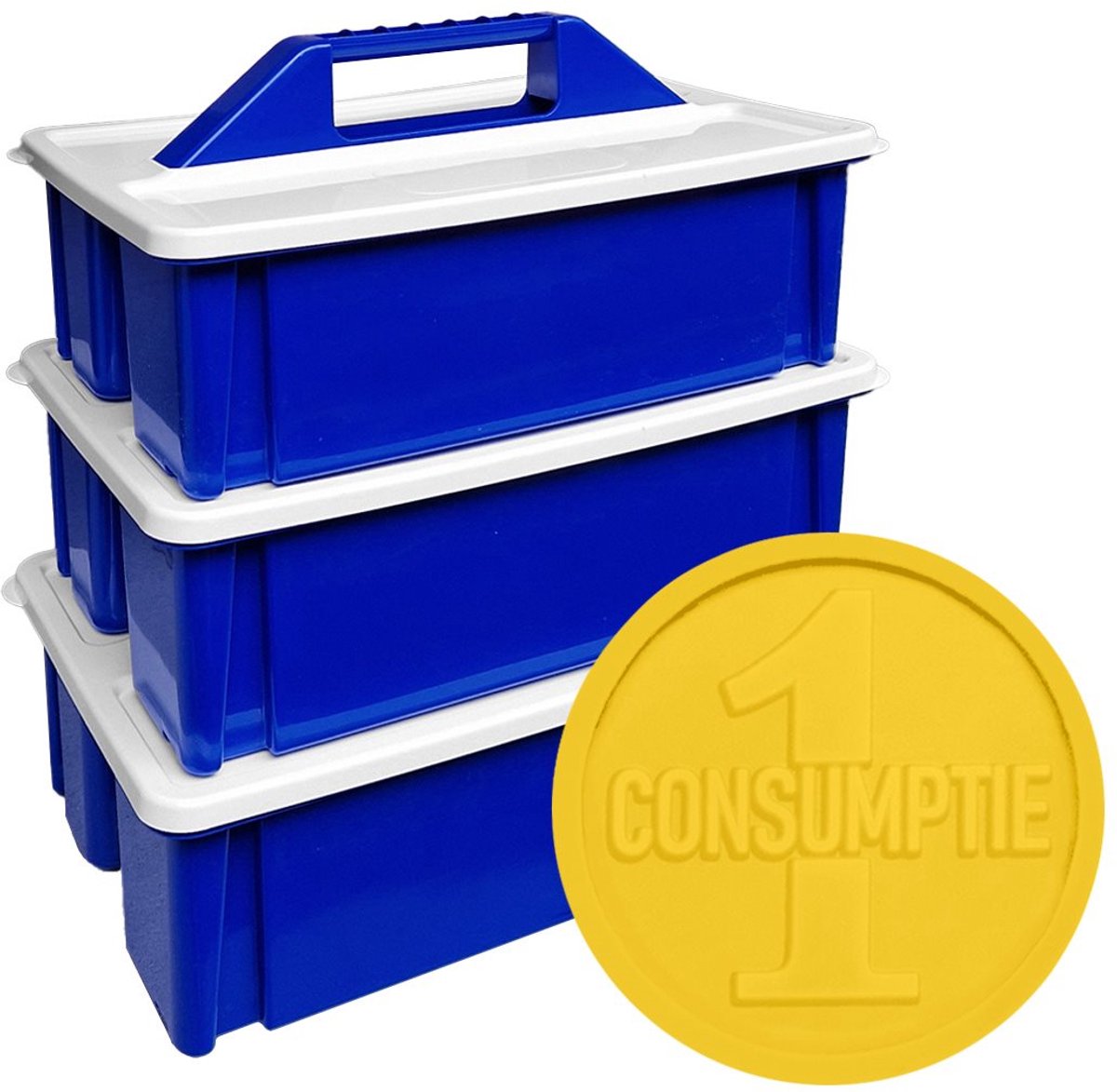 CombiCraft consumptiemunten geel in stapelbare opbergkisten - 6.000 munten en 3 kisten