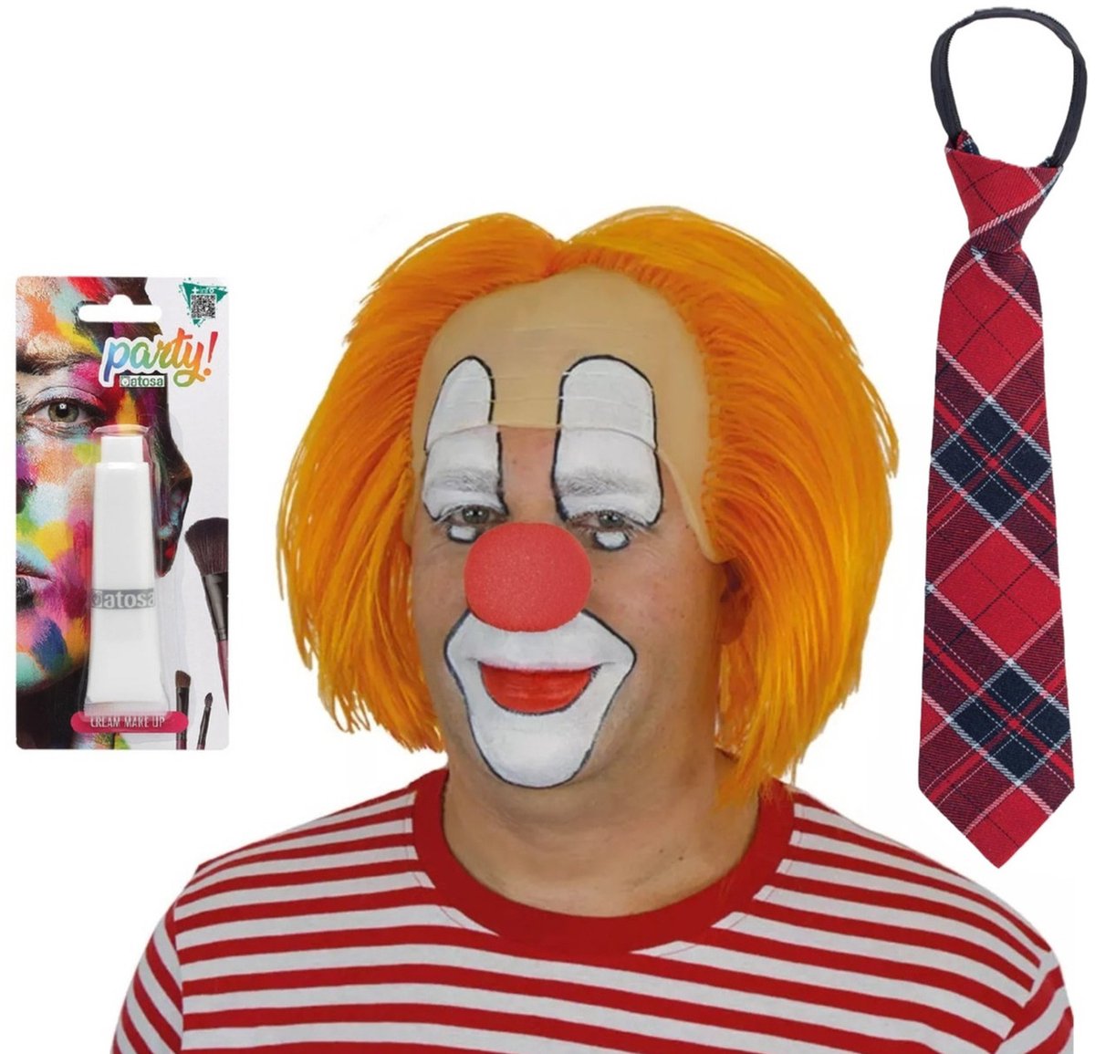 Comedia Carnaval verkleed set van Clown Bassie - pruik oranje - schmink wit - rode neus - tartan stropdas - bekend van TV