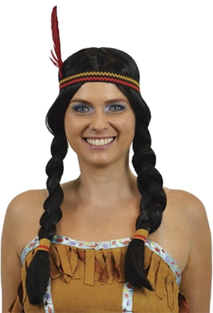 Indiaanse pruik met vlechten en veer