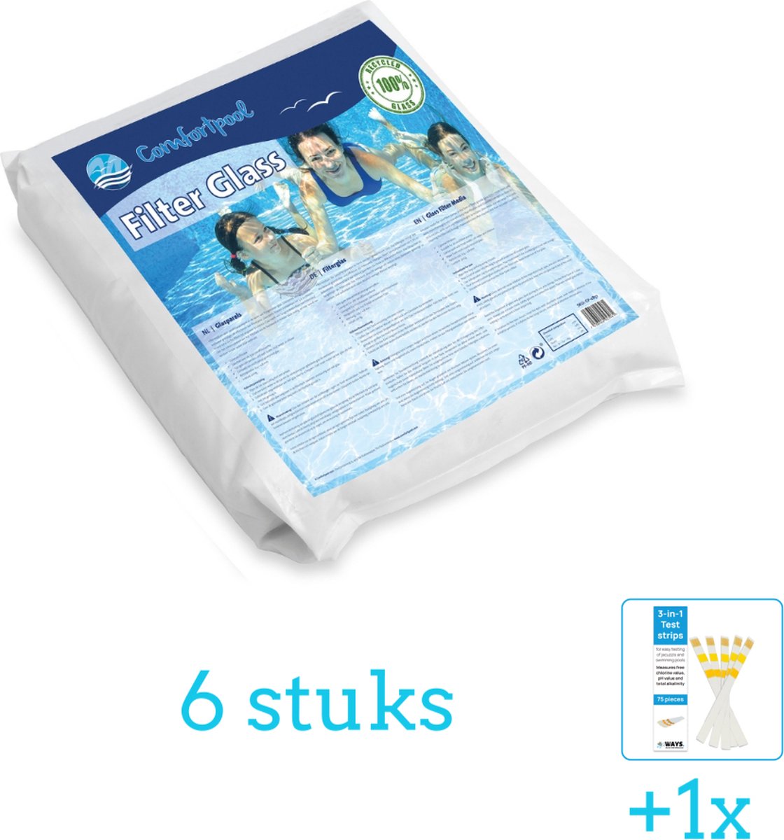 Comfortpool Glasparels - Voor Filterpomp - 20kg - 6 stuks - Voordeelverpakking - Inclusief WAYS Testrips (1 stuks) - Geschikt voor Intex en Bestway Zandfilterpomp