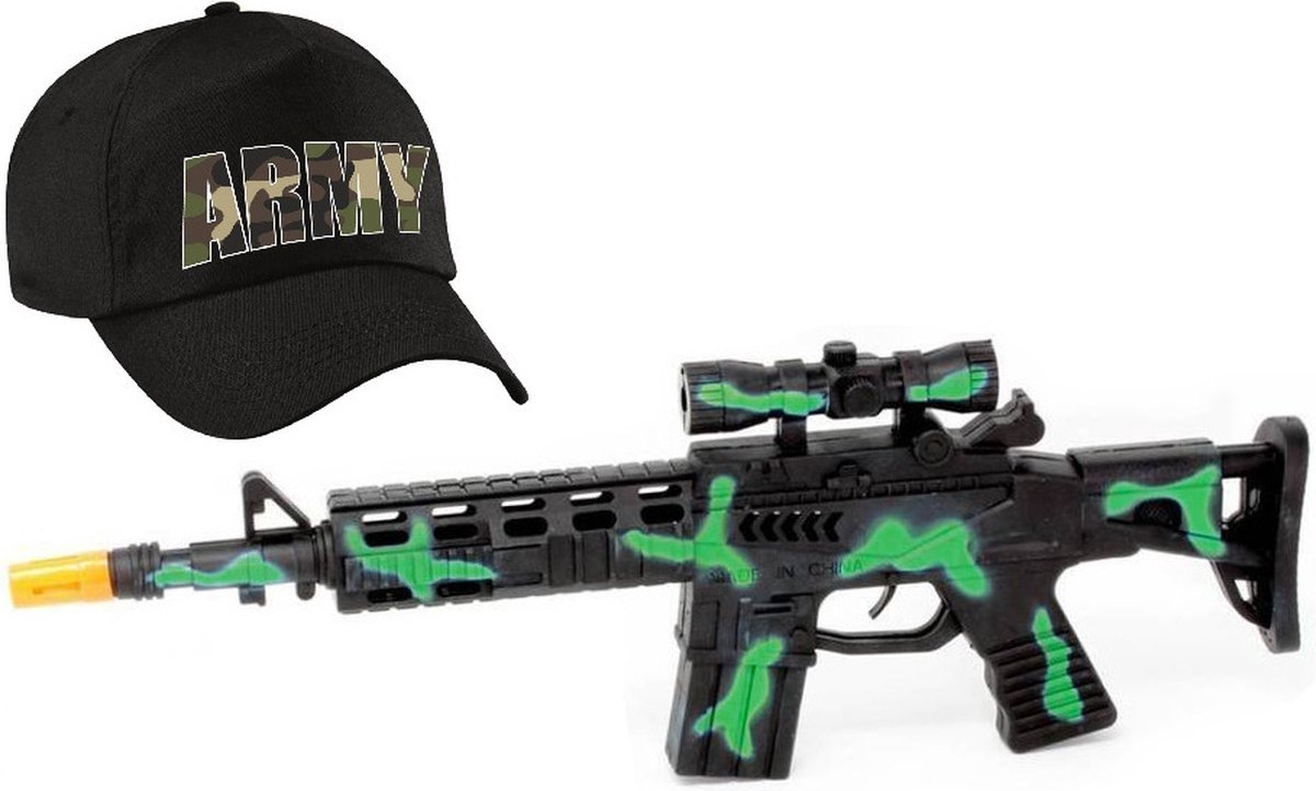 2-Delig speelgoed verkleedaccessoires set leger/soldaten voor kinderen - Bestaande uit zwart/groen machinegeweer en army pet zwart