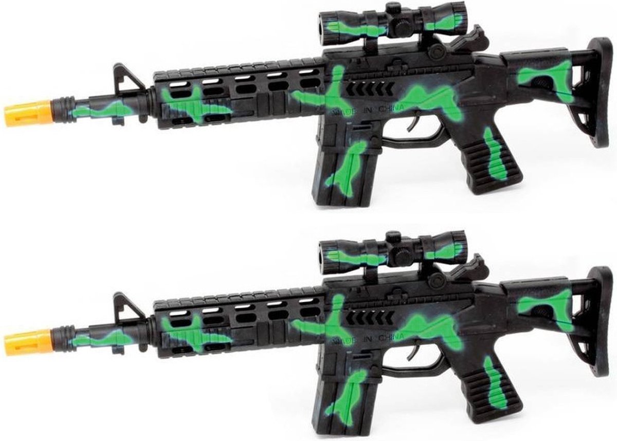 2x stuks kinder speelgoed verkleedwapen/machinegeweer soldaten/leger met licht en geluid 40 cm groen - Nep geweren/wapens