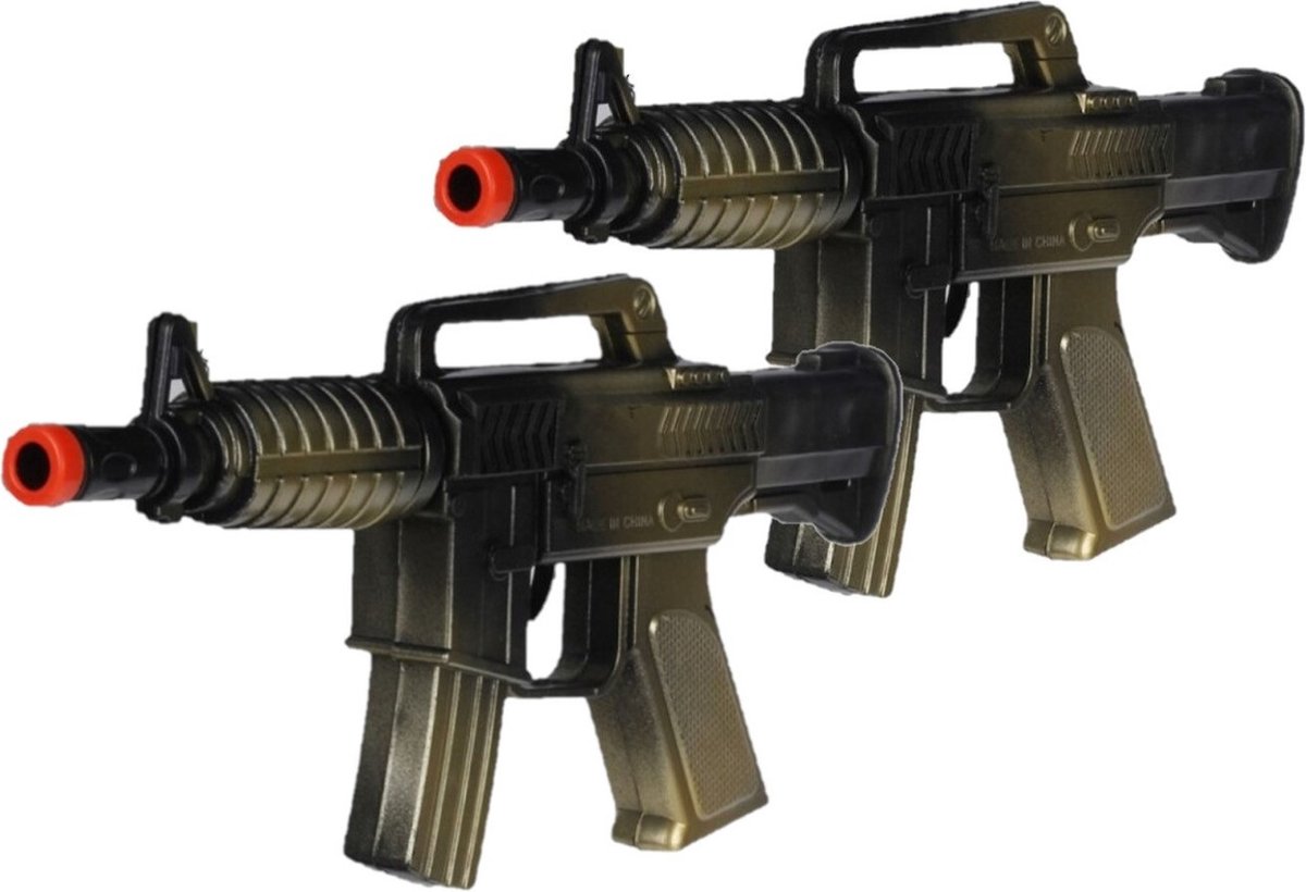 2x stuks kinder speelgoed verkleedwapens/machinegeweren soldaten/leger met geluid 27 cm - Nep geweren/wapens
